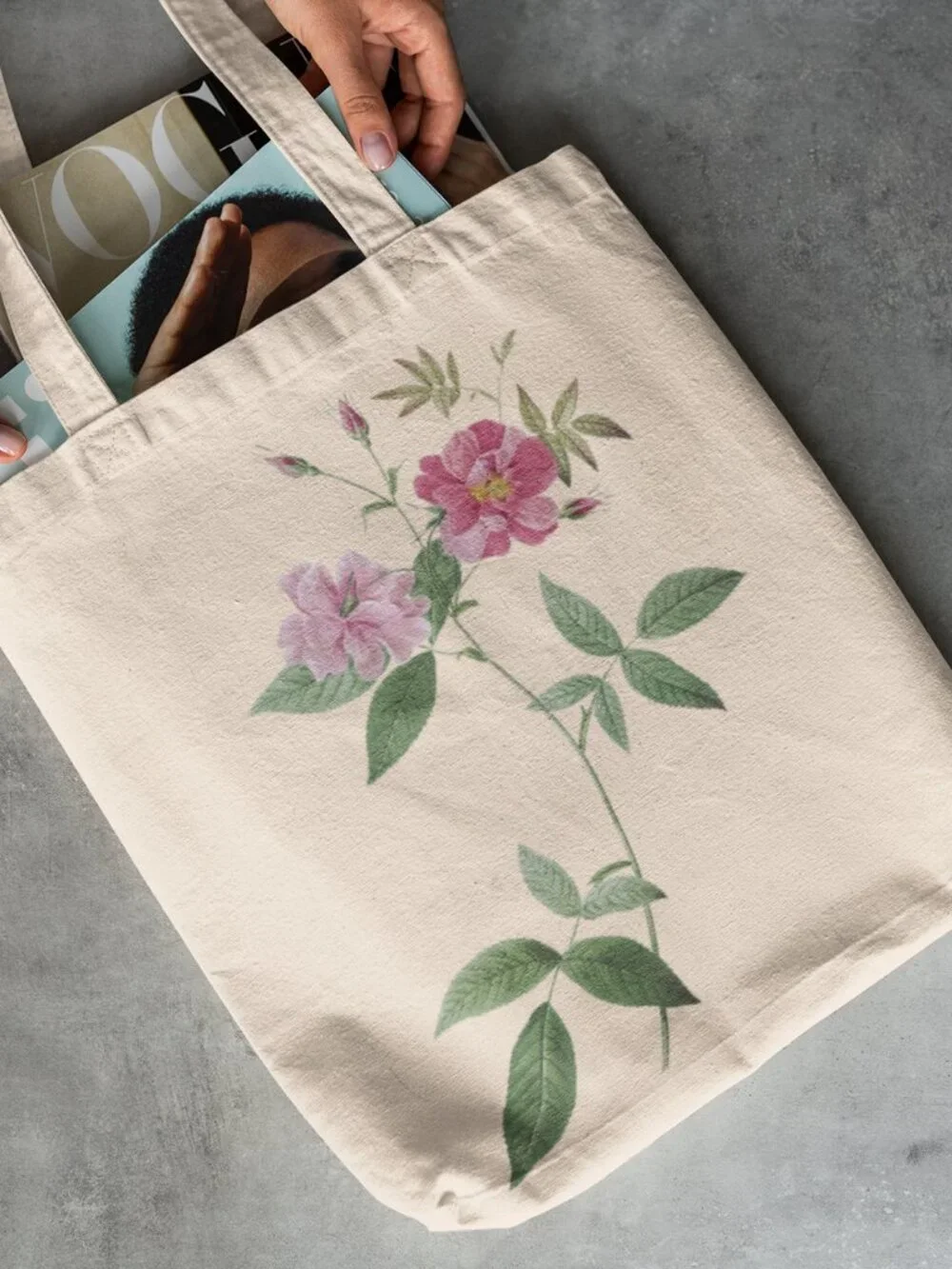 Hudson Rosehip Vintage Floral Print Graphic Canvas Tote Bag